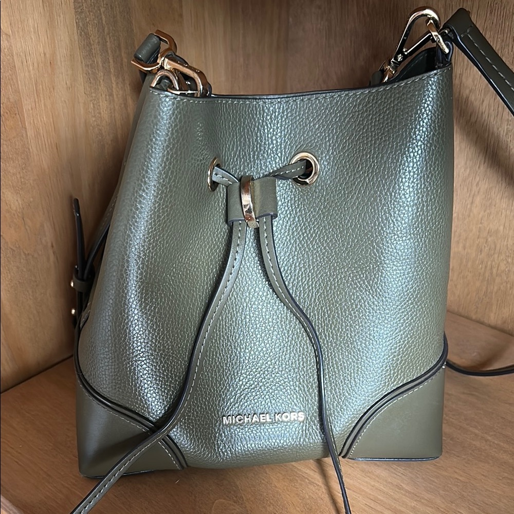 MICHAEL KORS Olive Leather Drawstring Bucket Bag